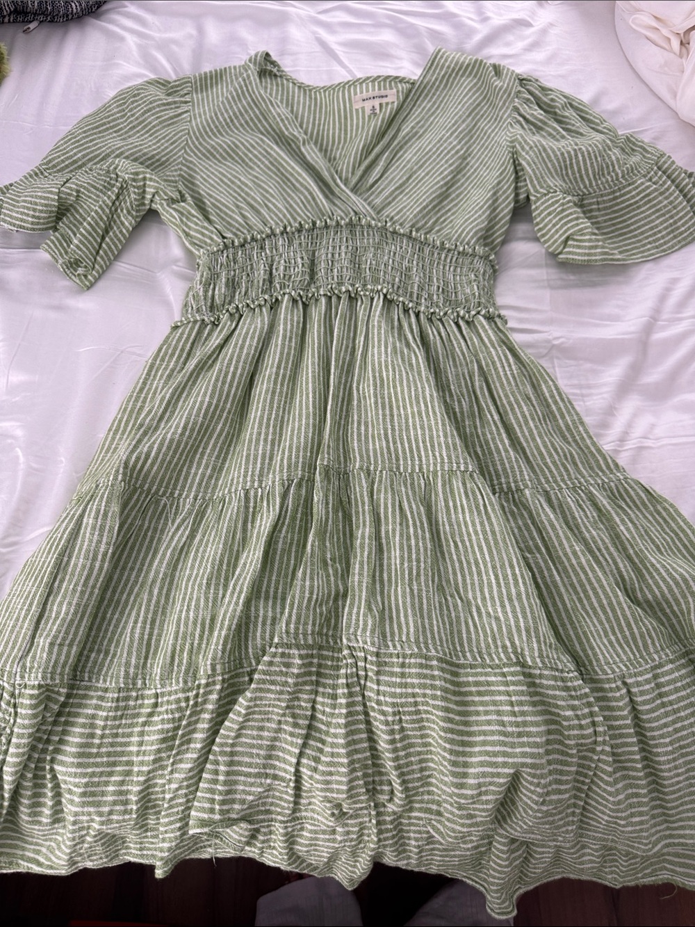 Max Studio Sage Green Striped Smocked Midi Dress